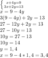 \left \{ {{x+4y=9} \atop {3x+2y=13}} \right. 
\\x=9-4y
\\3(9-4y)+2y=13
\\27-12y+2y=13
\\27-10y=13
\\10y=27-13
\\10y=14
\\y=1,4
\\x=9-4*1,4=3,4
