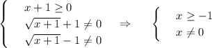 \begin{cases}
 & \text{ } x+1\geq 0 \\ 
 & \text{ } \sqrt{x+1}+1\ne0 \\ 
 & \text{ } \sqrt{x+1}-1\ne 0
\end{cases}~~~\Rightarrow~~~~ \begin{cases}
 & \text{ } x\geq -1 \\ 
 & \text{ } x\ne0 
\end{cases}
