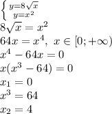 \left \{ {{y=8\sqrt{x}} \atop {y=x^2}} \right. 
\\8\sqrt{x}=x^2
\\64x=x^4,\ x \in [0;+\infty)
\\x^4-64x=0
\\x(x^3-64)=0
\\x_1=0
\\x^3=64
\\x_2=4