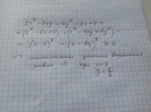 Знайти найменше значення виразу: 2х^2-4xy+4y^2-6x+9