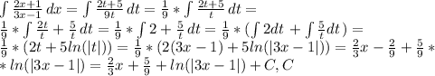 \int\limits \frac{2x+1}{3x-1} \, dx = \int\limits \frac{2t+5}{9t} \, dt= \frac{1}{9} *
 \int\limits \frac{2t+5}{t} \, dt= \\ \frac{1}{9} *
 \int\limits \frac{2t}{t} + \frac{5}{t} \, dt = \frac{1}{9} *
 \int\limits2+ \frac{5}{t} \, dt=\frac{1}{9} *
( \int\limits2dt \,+\int\limits \frac{5}{t} dt \,) = \\ \frac{1}{9} *(2t+5ln(|t|))= \frac{1}{9} *(2(3x-1)+5ln(|3x-1|))= \frac{2}{3} x- \frac{2}{9}+ \frac{5}{9} * \\ *ln(|3x-1|)= \frac{2}{3}x+ \frac{5}{9} +ln(|3x-1|)+C,C