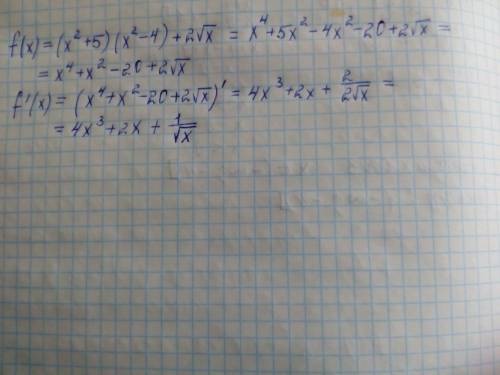 Найдите производную функцию f(x)=(x^2+5)(x^2-4)+2корень из х