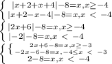 \left \{
{{|x+2+x+4|-8=x,x \geq -4} \atop {|x+2-x-4|-8=x,x\ \textless \ -4}} \right. \\
\left \{ {{|2x+6|-8=x,x \geq -4} \atop {|-2|-8=x,x\ \textless \ -4}} \right. \\
\left \{ {{ \left \{ {{2x+6-8=x,x \geq -3} \atop {-2x-6-8=x,-4 \leq x \
\textless \ -3}} \right. } \atop {2-8=x,x\ \textless \ -4}} \right.