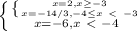 \left \{ {{ \left \{
{{x=2,x \geq -3} \atop {x=-14/3,-4 \leq x \ \textless \ -3}} \right. } \atop
{x=-6,x\ \textless \ -4}} \right