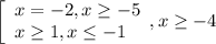 \left[\begin{array}{l} x=-2,x \geq -5 \\ x \geq 1 , x \leq -1
\end{array},x \geq -4