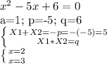 x^2-5x+6=0

 a=1; p=-5; q=6

\left \{ {{X1+X2=-p=-(-5)=5} \atop {X1*X2=q}} \right. 

 \left \{ {{x=2} \atop {x=3}} \right.