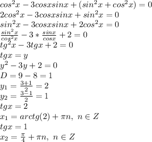 cos^2 x - 3cosxsinx+(sin^2x+cos^2x)=0
\\2cos^2x- 3cosxsinx+sin^2x=0
\\ sin^2x- 3cosxsinx+2cos^2x=0
\\ \frac{sin^2x}{cos^2x} -3* \frac{sinx}{cosx} +2=0
\\tg^2x-3tgx+2=0
\\tgx=y
\\y^2-3y+2=0
\\D=9-8=1
\\y_1= \frac{3+1}{2} =2
\\y_2= \frac{3-1}{2} =1
\\tgx=2
\\x_1=arctg(2)+\pi n,\ n \in Z
\\tgx=1
\\x_2= \frac{\pi}{4} +\pi n,\ n \in Z
