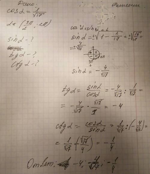 Найти sin a, tg a, ctg a, если cos a = 1/√17 и а∈ (3п/2; 2п)