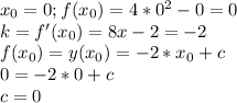 x_{0} =0; f(x_0)=4*0^{2}-0=0 \\ 
k=f'(x_{0})=8x-2=-2 \\ 
f(x_0)=y(x_{0})=-2*x_{0}+c \\ 
0=-2*0+c \\ 
c=0

