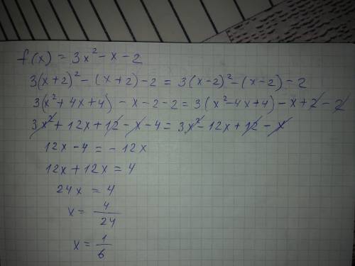 Дана функция y=f(x), где f(x)=3x^2-x-2.при каком значении аргумента выполняется равенство f(x+2)=f(x