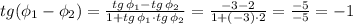 tg(\phi_1-\phi_2)=\frac{tg\,\phi_1-tg\, \phi_2}{1+tg\, \phi_1\cdot tg\,\phi_2}=
\frac{-3-2}{1+(-3)\cdot 2}=\frac{-5}{-5}=-1