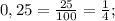 0,25= \frac{25}{100}= \frac{1}{4} ;
