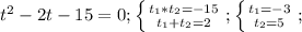 t^{2} -2t-15=0;
 \left \{ {{ t_{1}*t_{2}=-15 } \atop {t_{1}+t_{2}=2}} \right. ;
 \left \{ {{ t_{1}=-3 } \atop {t_{2}=5}} \right. ;