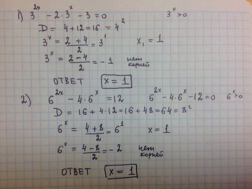 Решить 2 ! заранее большое ! 1) 3^2x -2*3^x -3=0 2)6^2x -4*6^x=12