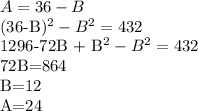 A=36-B

(36-B)^{2} - B^{2} =432

1296-72B + B^{2} - B^{2} =432

72B=864

B=12

A=24