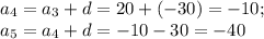 a_4=a_3+d=20+(-30)=-10; \\ 
a_5=a_4+d=-10-30=-40