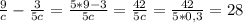 \frac{9}{c} - \frac{3}{5c} = \frac{5*9-3}{5c} = \frac{42}{5c} = \frac{42}{5*0,3} =28