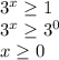 3^{x} \geq 1 \\ 
3^{x} \geq 3^{0} \\ 
x \geq 0