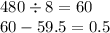 480 \div 8 = 60 \\ 60 - 59.5 = 0.5