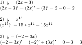 1)\;\; y=(2x-3) \\ 
(2x-3)'=(2x)'-(3)'=2-0=2 \\ \\ 
2)\;\; y=x^{15} \\ 
(x^{15})'=15*x^{14}=15x^{14} \\ \\ 
3)\;\; y=(-2+3x) \\ 
(-2+3x)'=(-2)'+(3x)'=0+3=3
