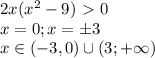 2x(x^2-9)\ \textgreater \ 0 \\ 
 x=0 ; x=\pm 3 \\ 
 x \in (-3,0) \cup (3; + \infty ) 
