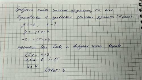 При каком значении аргумента значении функции y=-1,5x+4 равно-2