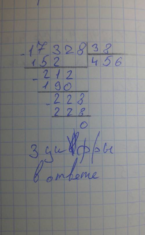 Определи, сколько будет цифр в частном, и выполни деление в столбик: 17 328÷38