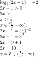 \log_{ \frac{1}{3} } (2x-1) = -2
\\2x-1\ \textgreater \ 0
\\2x\ \textgreater \ 1
\\x\ \textgreater \ \frac{1}{2} 
\\x\in (\frac{1}{2} ;+\infty);
\\2x-1= (\frac{1}{3}) ^{-2}
\\2x-1=3^2
\\2x=9+1
\\2x=10
\\x=5\in (\frac{1}{2} ;+\infty);