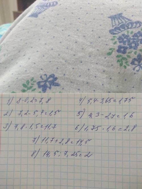 Не могу решить ! здесь нужно найти значения выражения ! ((8-0,2)×(7,2-5,7)+(5,4-3,65)×(4,3-2,7)): 7,