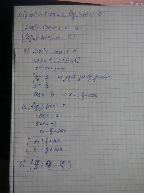 С. решите уравнение (2cos²x-5cosx+2) log(3)(-sinx)=0. б). найдите корни этого уравнения, принадлежащ