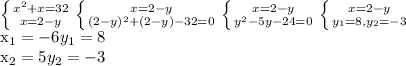 \left \{ {{x^{2} +x=32} \atop {x = 2-y}} \right. 
 \left \{ {{x = 2-y} \atop { (2-y)^{2} +(2-y)-32=0}} \right. 
 \left \{ {{x = 2-y} \atop { y^{2} -5y-24=0}} \right. 
 \left \{ {{x = 2-y} \atop { y_{1}=8, y_{2}=-3 }} 


 x_{1} = -6
y_{1}=8

 x_{2} = 5
y_{2}=-3

