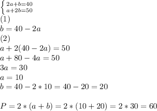 \left \{ {{2a+b=40} \atop {a+2b=50}} \right. \\ 
(1) \\ b=40-2a \\ 
(2) \\ a+2(40-2a)=50 \\ 
a+80-4a=50 \\ 
3a=30 \\ a=10 \\ b=40-2*10=40-20=20
 \\ \\ P=2*(a+b)=2*(10+20)=2*30=60