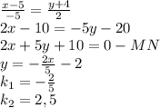 \frac{x-5}{-5} = \frac{y+4}{2}\\2x-10=-5y-20\\2x+5y+10=0-MN\\y= -\frac{2x}{5}-2\\k_1=- \frac{2}{5}\\k_2=2,5\\
