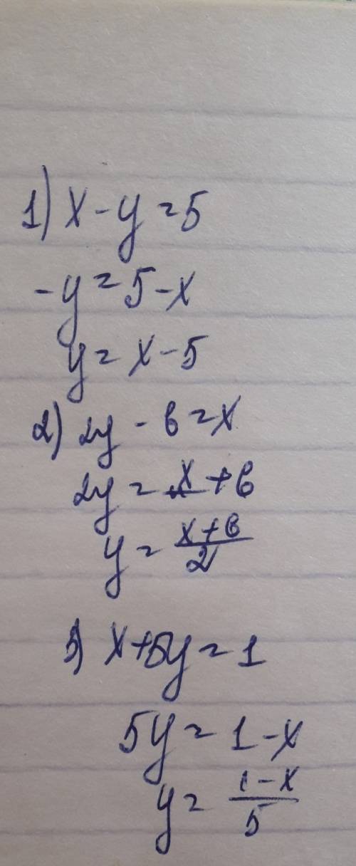 Выразите у через х-1)х-у=5; 2)2у-6=х; 3)х+5у=1.