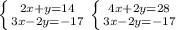 \left \{ {{2x+y=14} \atop {3x-2y=-17}} \right. \left \{ {{4x+2y=28} \atop {3x-2y=-17}} \right. 

