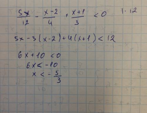 Решить неравенство 5х/12 - х-2/4 + х+1/3< 0