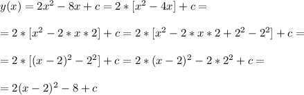y(x)=2x^2-8x+c=2*[x^2-4x]+c=\\\\
=2*[x^2-2*x*2]+c=2*[x^2-2*x*2+2^2-2^2]+c=\\\\
=2*[(x-2)^2-2^2]+c=2*(x-2)^2-2*2^2+c=\\\\
=2(x-2)^2-8+c