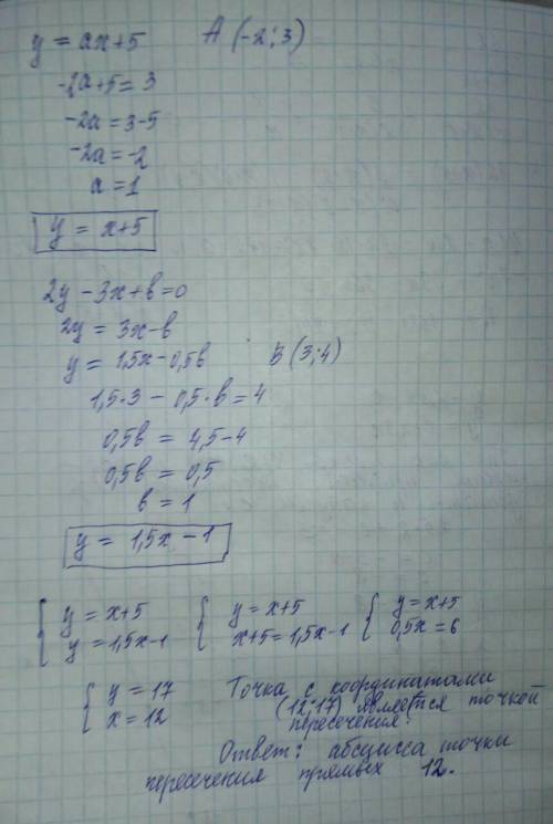Назовите абсциссу точки пересечения прямых y=ax+5 и 2y-3x+b=0 зная что первоя прямая проходит через