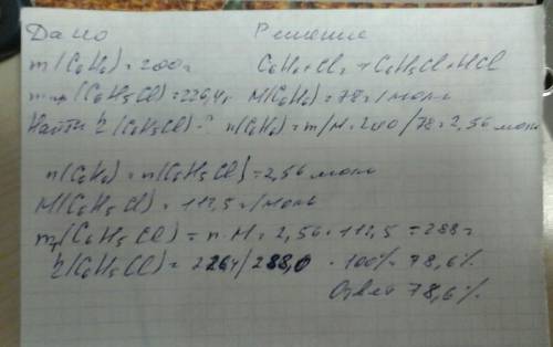 Из 200г. бензола было ролучено 226.4г. хлорбензола. найдите выход продукта реакции (в%) от теоретиче