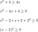 x^2+4 \geq 4x\\\\
x^2-4x+4 \geq 0\\\\
x^2-2*x*2+2^2 \geq 0\\\\
(x-2)^2 \geq 0