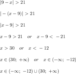 |9-x|\ \textgreater \ 21\\\\
|-(x-9)|\ \textgreater \ 21\\\\
|x-9|\ \textgreater \ 21\\\\
x-9\ \textgreater \ 21\ \ \ or\ \ \ x-9\ \textless \ -21\\\\
x\ \textgreater \ 30\ \ \ or\ \ \ x\ \textless \ -12\\\\
x\in(30;\ +\infty)\ \ \ or\ \ \ x\in(-\infty;\ -12)\\\\
x\in(-\infty;\ -12)\cup(30;\ +\infty)