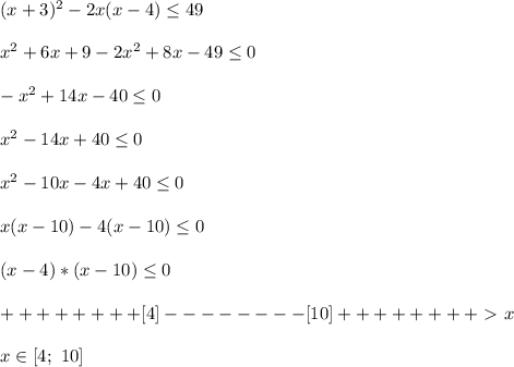 (x+3)^2-2x(x-4) \leq 49\\\\
x^2+6x+9-2x^2+8x-49 \leq 0\\\\
-x^2+14x-40 \leq 0\\\\
x^2-14x+40 \leq 0\\\\
x^2-10x-4x+40 \leq 0\\\\
x(x-10)-4(x-10) \leq 0\\\\
(x-4)*(x-10) \leq 0\\\\
++++++++[4]--------[10]++++++++\ \textgreater \ x\\\\
x\in[4;\ 10]