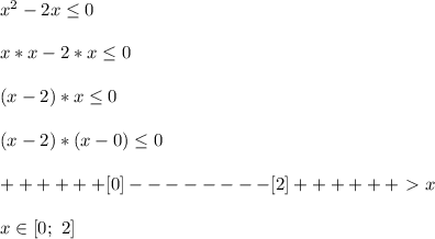 x^2-2x \leq 0\\\\
x*x-2*x \leq 0\\\\
(x-2)*x \leq 0\\\\
(x-2)*(x-0) \leq 0\\\\
++++++[0]--------[2]++++++\ \textgreater \ x\\\\
x\in[0;\ 2]