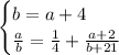 \begin{equation*}
	\begin{cases}
		b=a+4\\
		\frac{a}{b}=\frac{1}{4}+\frac{a+2}{b+21}
	\end{cases}
\end{equation*}
