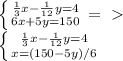 \left \{ {{ \frac{1}{3} x - \frac{1}{12} y = 4} \atop {6x + 5y = 150}} \right. =\ \textgreater \ \newline
 \left \{ {{ \frac{1}{3} x - \frac{1}{12} y = 4} \atop {x = (150-5y) /6 }} \right.