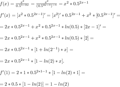 f(x)=\frac{x^2}{0.5^{1-2x}}=\frac{x^2}{(0.5^{2x-1})^{-1}}=x^2*0.5^{2x-1}\\\\
f'(x)=[x^2*0.5^{2x-1}]'=[x^2]'*0.5^{2x-1}+x^2*[0.5^{2x-1}]'=\\\\
=2x*0.5^{2x-1}+x^2*0.5^{2x-1}*ln(0.5)*[2x-1]'=\\\\
=2x*0.5^{2x-1}+x^2*0.5^{2x-1}*ln(0.5)*[2]=\\\\
=2x*0.5^{2x-1}*[1+ln(2^{-1})*x]=\\\\
=2x*0.5^{2x-1}*[1-ln(2})*x].\\\\
f'(1)=2*1*0.5^{2*1-1}*[1-ln(2})*1]=\\\\
=2*0.5*[1-ln(2)]=1-ln(2)