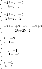 \left \{ {{-2k+b=-5} \atop {k+b=1}} \right. \\\\
 \left \{ {{-2k+b=-5} \atop {2k+2b=2}} \right.\\\\ 
 \left \{ {{-2k+b+2k+2b=-5+2} \atop {2k+2b=2}} \right.\\\\ 
 \left \{ {{3b=-3} \atop {k=1-b}} \right.\\\\ 
 \left \{ {{b=-1} \atop {k=1-(-1)}} \right.\\\\ 
 \left \{ {{b=-1} \atop {k=2}} \right.
