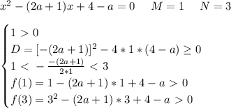 x^2-(2a+1)x+4-a=0\ \ \ \ M=1\ \ \ \ N=3\\\\
\begin{equation*}
	\begin{cases}
		1\ \textgreater \ 0\\
		D=[-(2a+1)]^2-4*1*(4-a) \geq 0\\
 1 \ \textless \ -\frac{-(2a+1)}{2*1} \ \textless \ 3\\
 f(1)=1-(2a+1)*1+4-a\ \textgreater \ 0\\
 f(3)=3^2-(2a+1)*3+4-a\ \textgreater \ 0
	\end{cases}
\end{equation*}\\\\