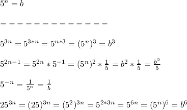 5^n=b\\\\
-------------\\\\
5^{3n}=5^{3*n}=5^{n*3}=(5^n)^3=b^3\\\\
5^{2n-1}=5^{2n}*5^{-1}=(5^n)^2*\frac{1}{5}=b^2*\frac{1}{5}=\frac{b^2}{5}\\\\
5^{-n}=\frac{1}{5^n}=\frac{1}{b}\\\\
25^{3n}=(25)^{3n}=(5^2)^{3n}=5^{2*3n}=5^{6n}=(5^n)^6=b^6