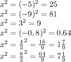 x^{2} = (-5)^{2}=25 \\ 
 x^{2} = (-9)^{2}=81 \\ 
 x^{2} = 3^{2} =9 \\ 
 x^{2} = (-0,8)^{2}=0.64 \\ 
 x^{2} = \frac{4}{3}^{2}= \frac{16}{9}=1 \frac{7}{9} \\ 
 x^{2} = \frac{8}{3}^{2}= \frac{64}{9}=7 \frac{1}{9} 
